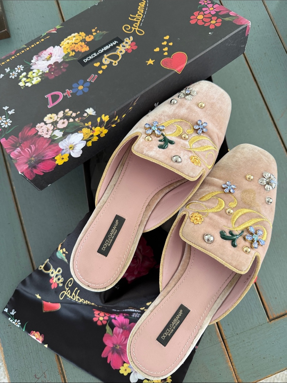 Dolce & Gabbana Blush Pink Embroidered Velvet Slide Mules with Jewel Accents
